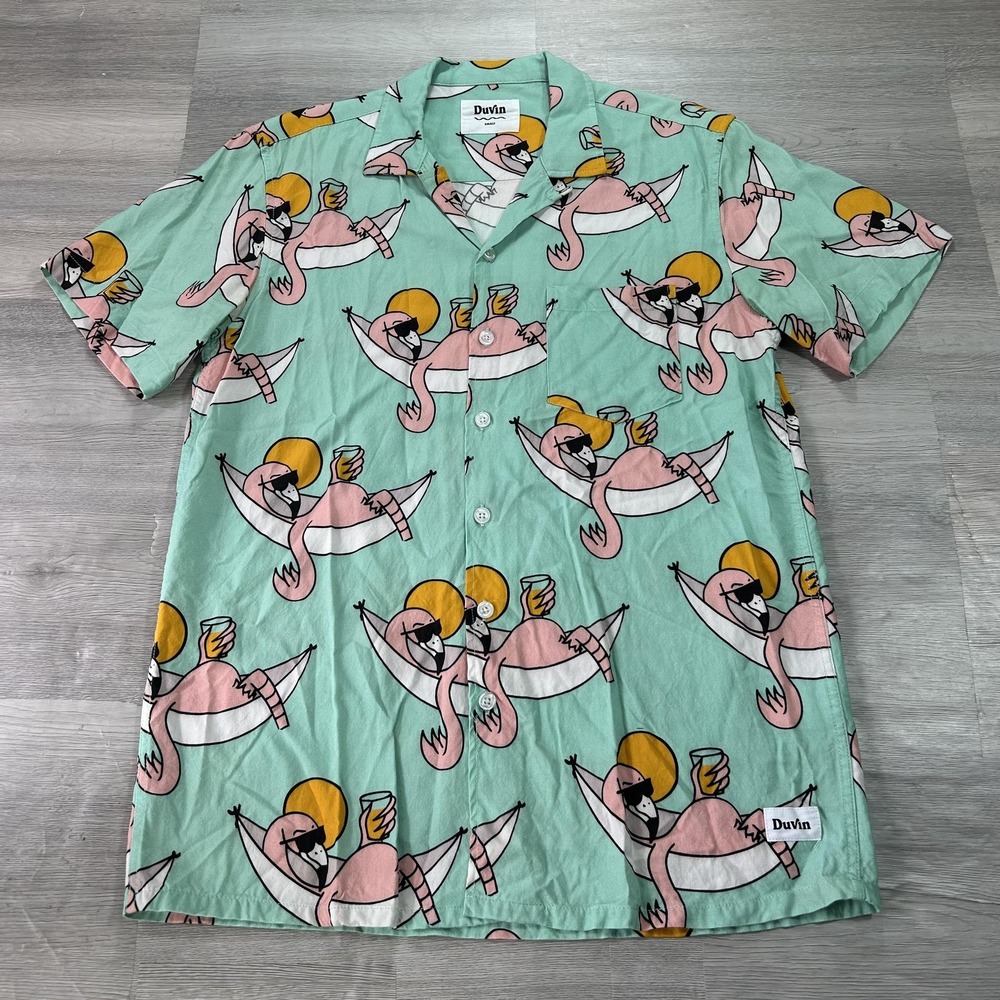 Duvin Shirt Mens Small Green Flamingo Hawaiian Short Sleeve Button‎ Up Casual